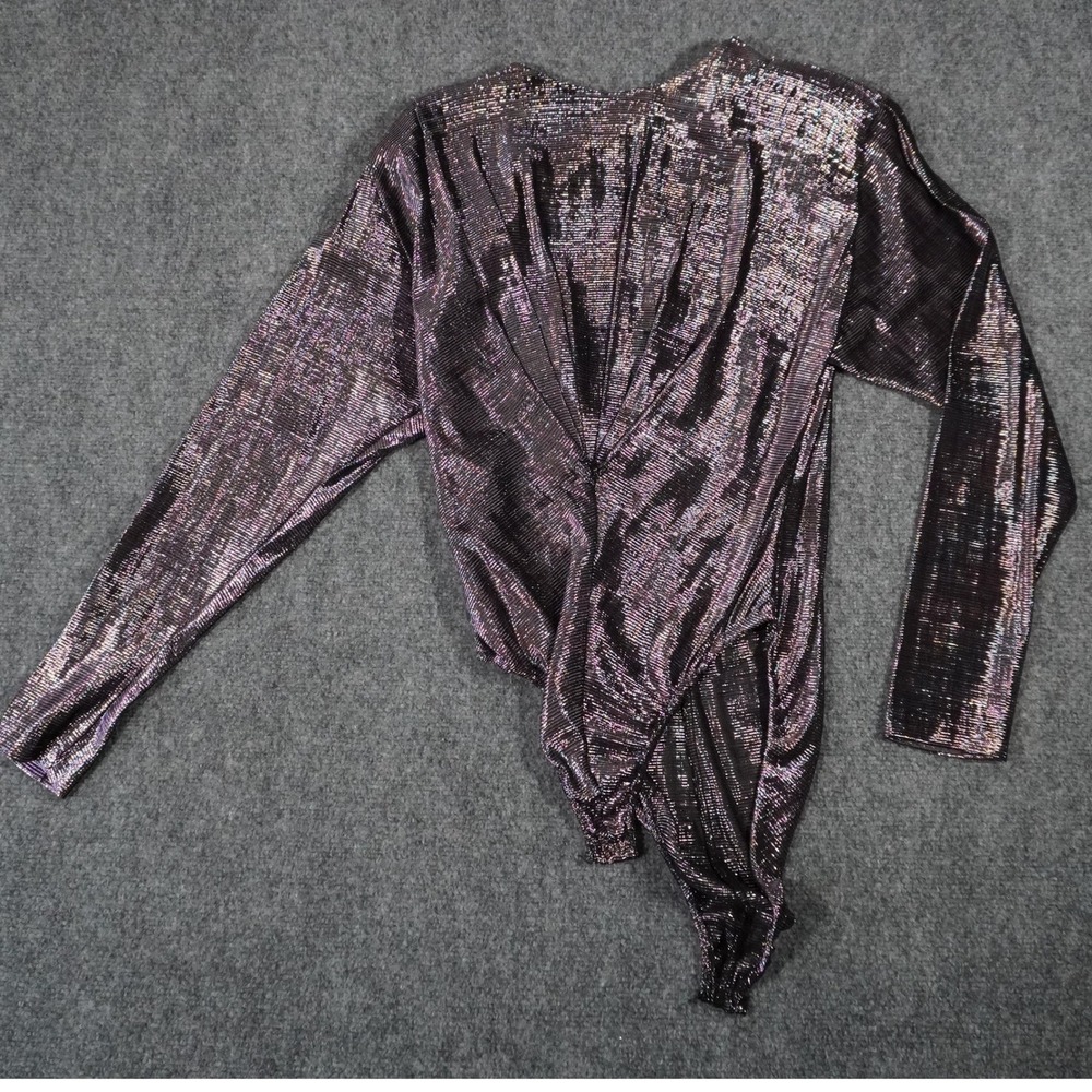 EXPO Metallic Bodysuit Top Purple Long Sleeve Asymmetrical‎ Party Medium